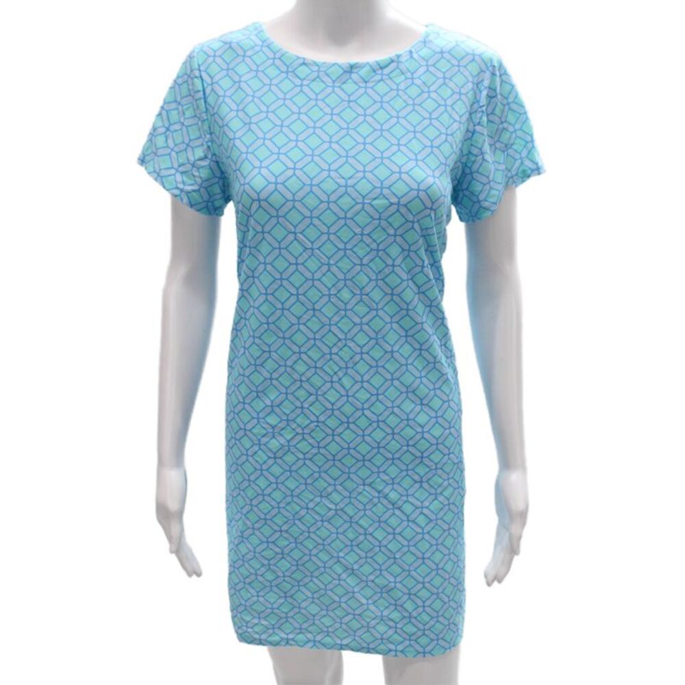 Jude Connally Women Shift Dress Blue Geometric Short Sleeve Size M - Picture 1 of 5